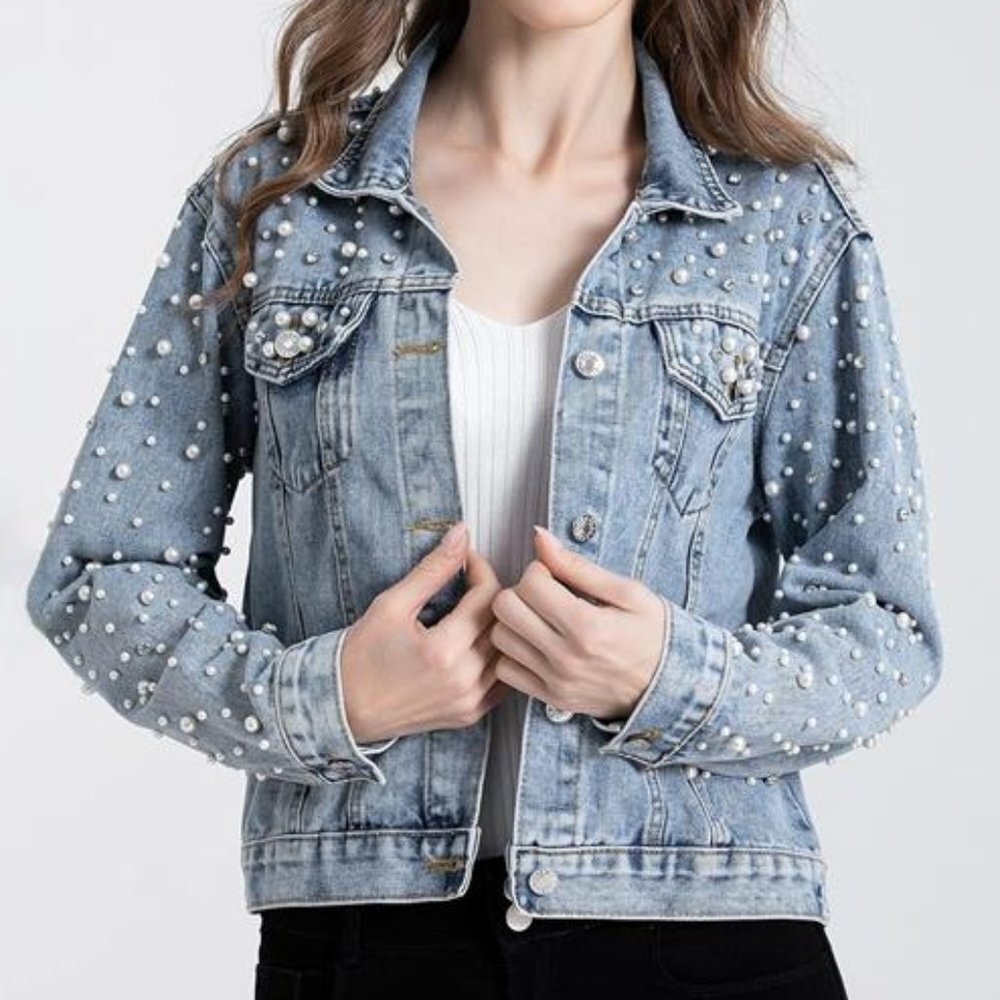 Pearl & Crystal Embellished‎ Light Wash Denim Jacket Cropped Beaded Jean Jacket